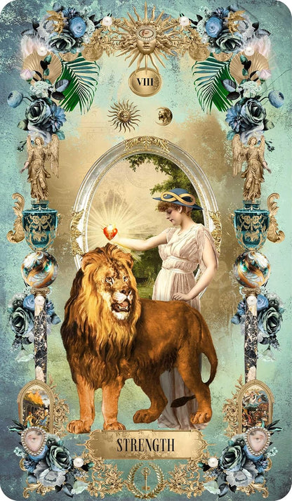 Tarot Divinatorium by André Sanchez – gilded baroque Rider-Waite tarot deck with ornate gold frames and 176-page guidebook from Rockpool Publishing.