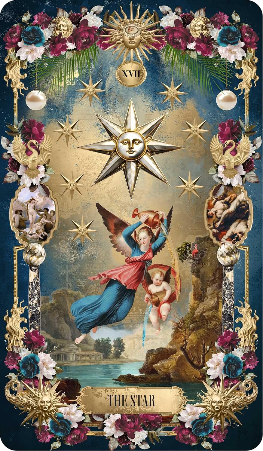 Decorative tarot card featuring a central figure with wings and children, surrounded by celestial symbols and floral elements.