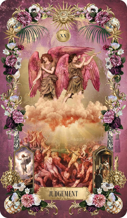 Tarot Divinatorium by André Sanchez – gilded baroque Rider-Waite tarot deck with ornate gold frames and 176-page guidebook from Rockpool Publishing.