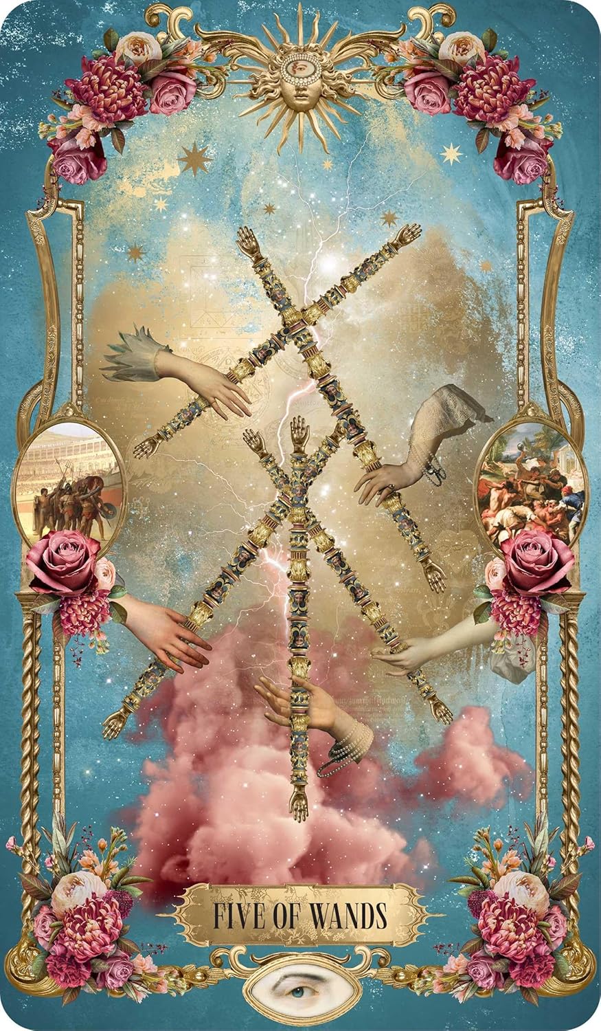Tarot card featuring the 'Five of Wands' with decorative elements and floral frames.
