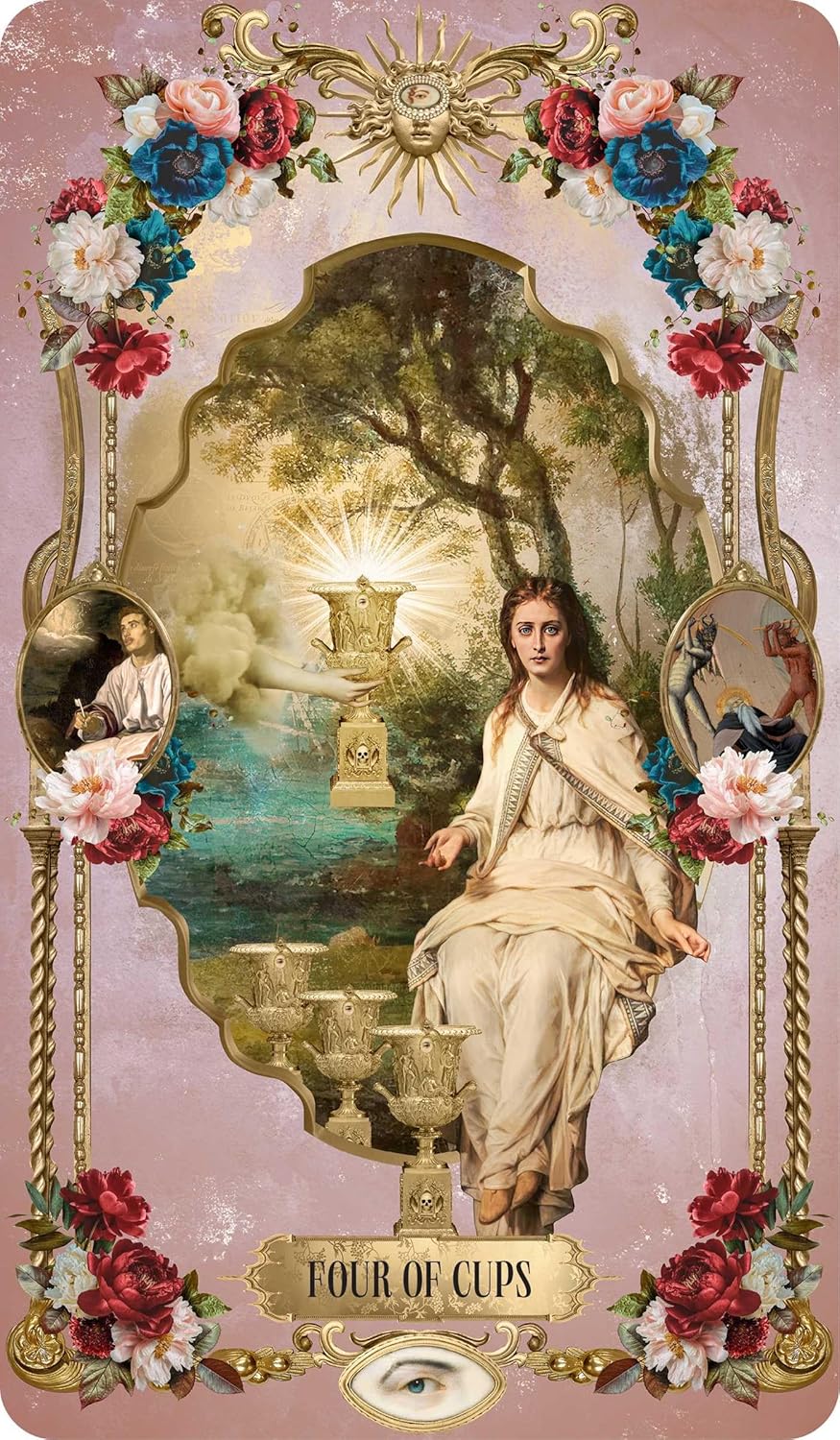 Tarot Divinatorium by André Sanchez – gilded baroque Rider-Waite tarot deck with ornate gold frames and 176-page guidebook from Rockpool Publishing.