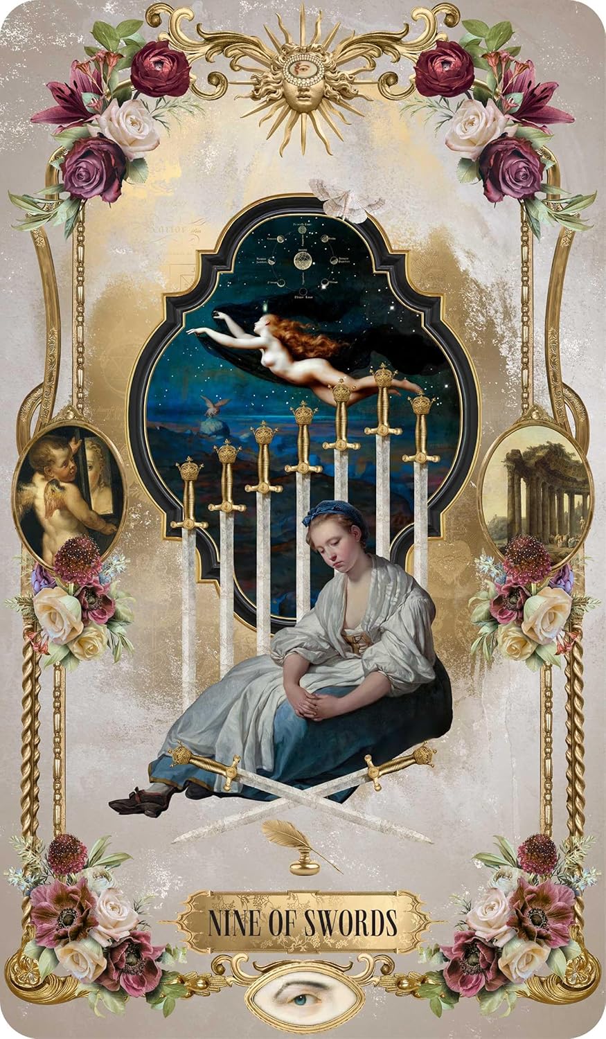 Decorative tarot card featuring a woman with swords and floral elements