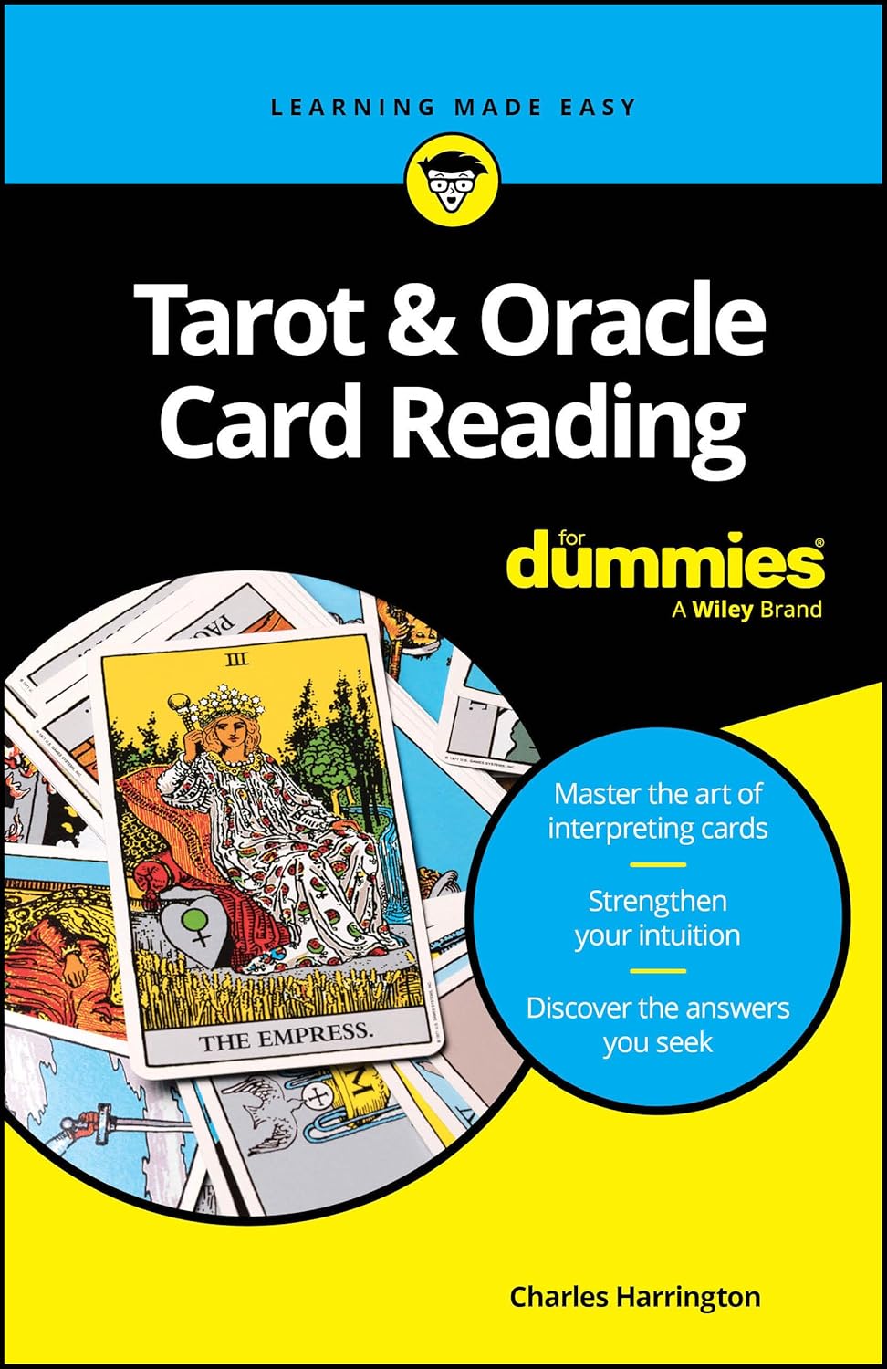 Book cover of 'Tarot & Oracle Card Reading for Dummies' with tarot cards and a blue and yellow design.