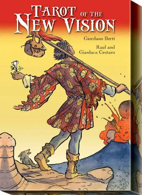 Cover of 'Tarot of the New Vision' with an illustration of a character holding a staff.