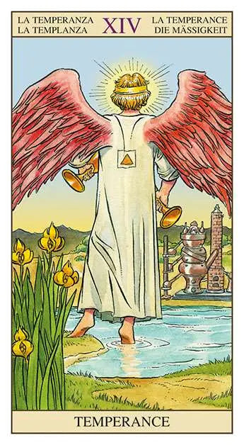 Tarot card titled 'La Temperanza' with an angel figure, landscape, and text.