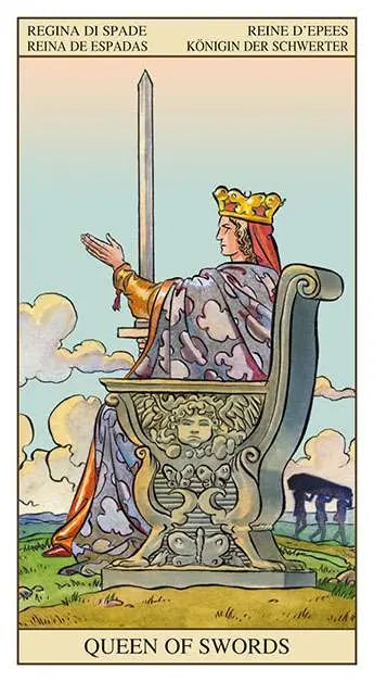 Tarot card featuring the 'Queen of Swords' with a woman in a throne and sword, set against a colorful background.