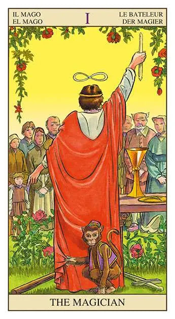 Tarot card titled 'The Magician' with a central figure in a red robe and monkey, set against a yellow background with people and flowers.