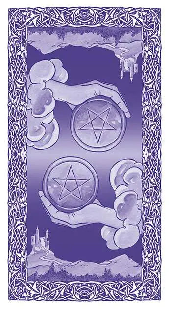 Design with hands holding pentacle symbols against a purple background with decorative border