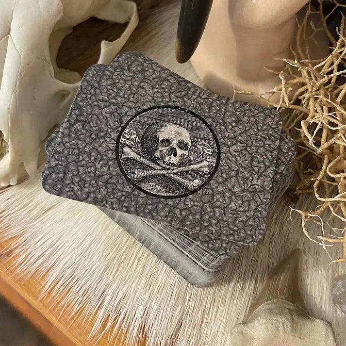 Card with skull design on a textured surface surrounded by natural elements