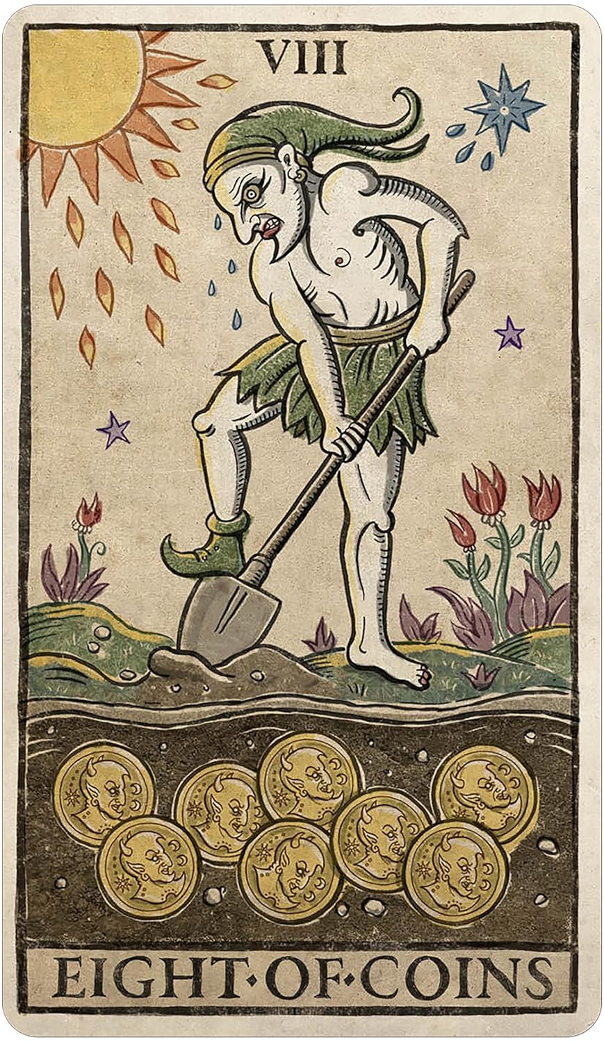Card from a tarot deck showing a figure with coins and the number 8.