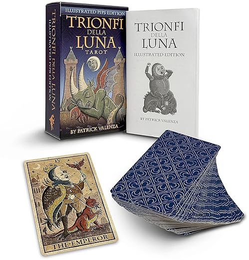 Trionfi della Luna Tarot cards with packaging and a card displayed on a white background