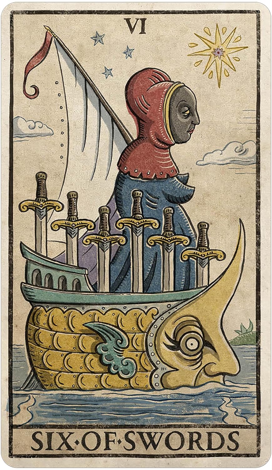 Six of Swords tarot card with a hooded figure and swords on a ship.