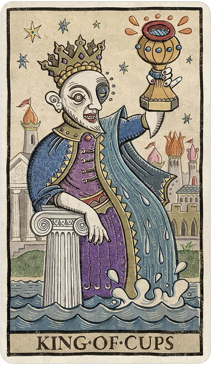 King of Cups tarot card with a king holding a cup against a castle and starry sky background.