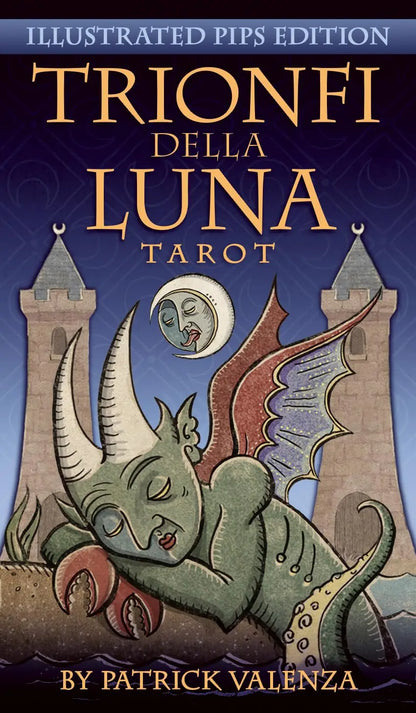 Book cover of 'Trionfi della Luna Tarot' with a dragon illustration and castle-like structures.