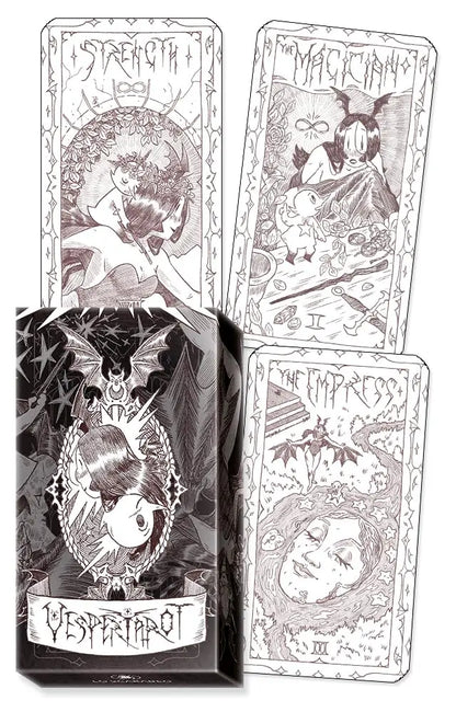 Vesper Tarot deck featuring gothic black and white fairytale inspired tarot artwork.