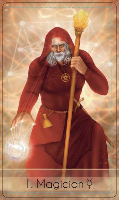 Card featuring a figure in red robes with a staff, labeled 'Magician', on a mystical background.