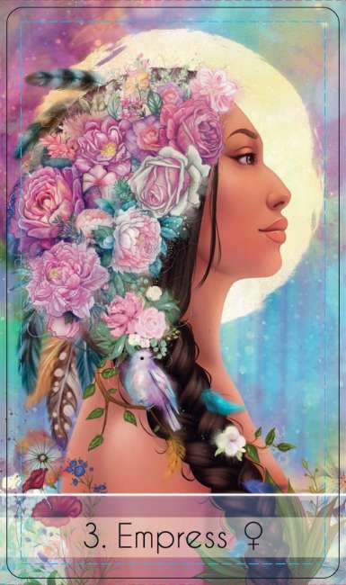 Card featuring a woman with flowers in her hair against a colorful background, labeled '3. Empress'.