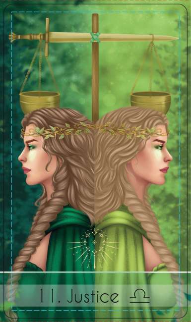 Tarot card featuring two正义 (Justice) figures with a sword and scales on a green background
