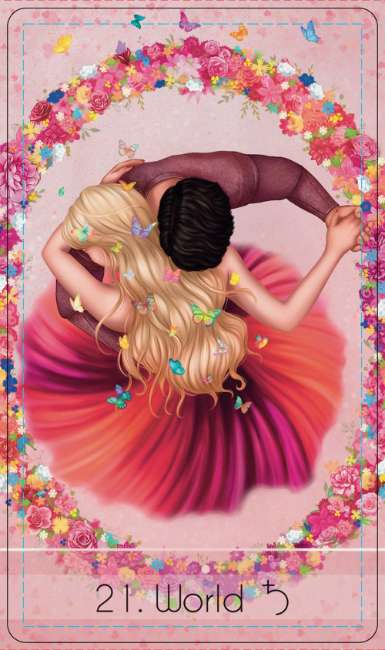 Illustration of a couple embracing with floral and butterfly decorations on a pink background, featuring the text '21. World'.