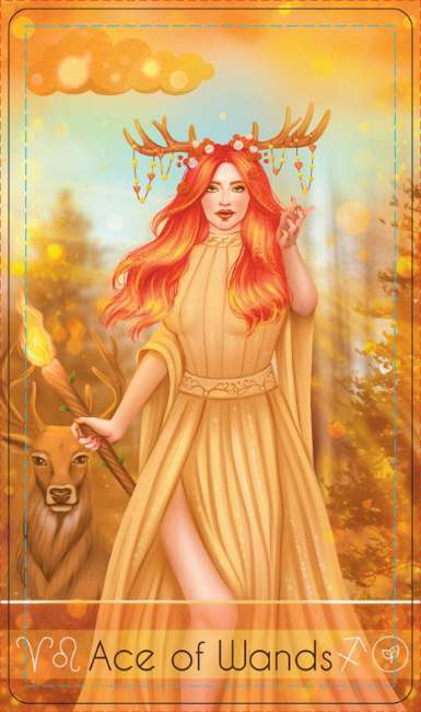 Tarot card featuring a woman with red hair and deer antlers, holding a wand, with a forest background.
