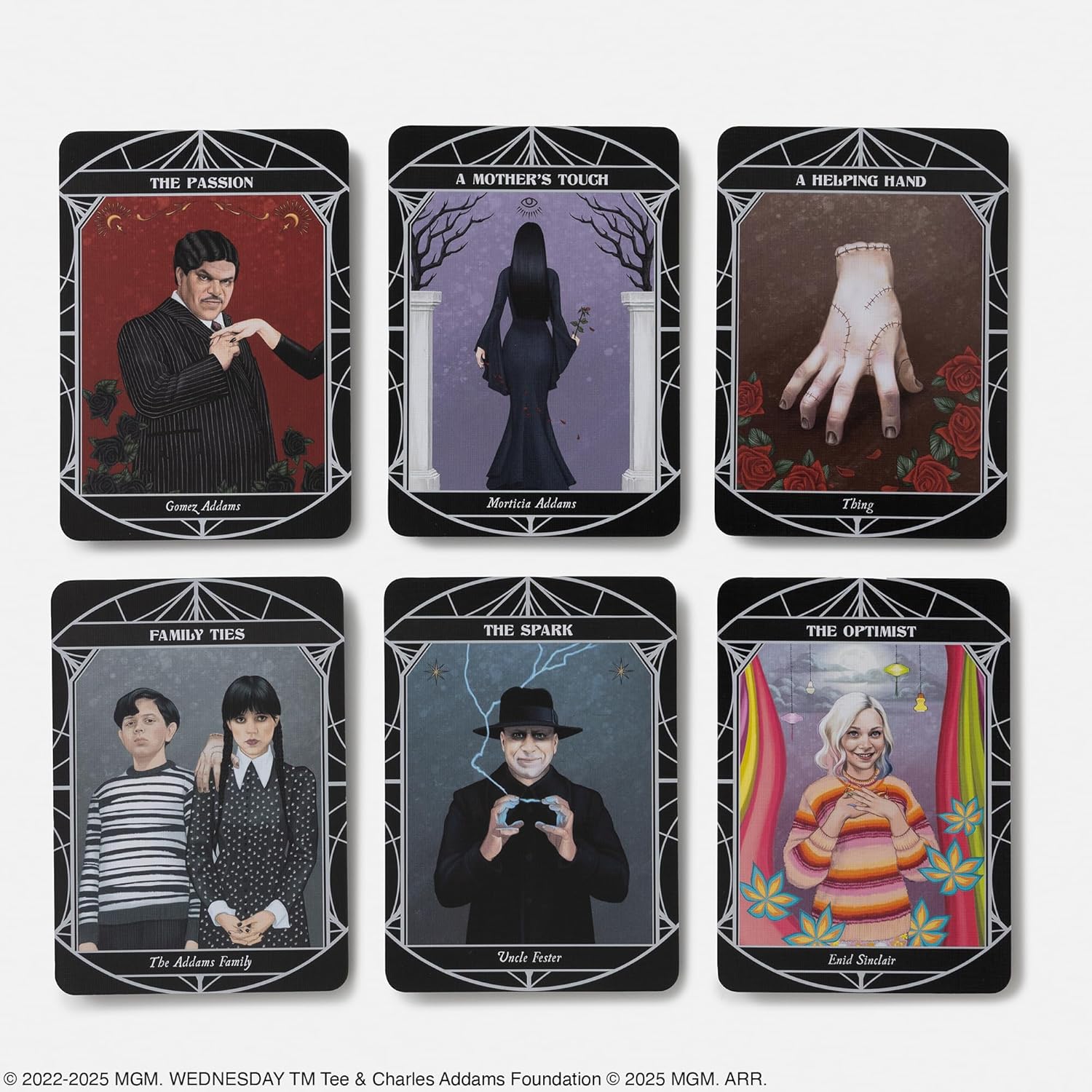 Set of tarot cards with characters and text on a white background. Wednesday Netflix TV show 