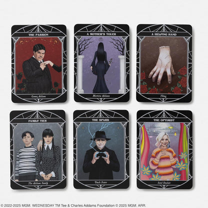 Set of tarot cards with characters and text on a white background. Wednesday Netflix TV show 