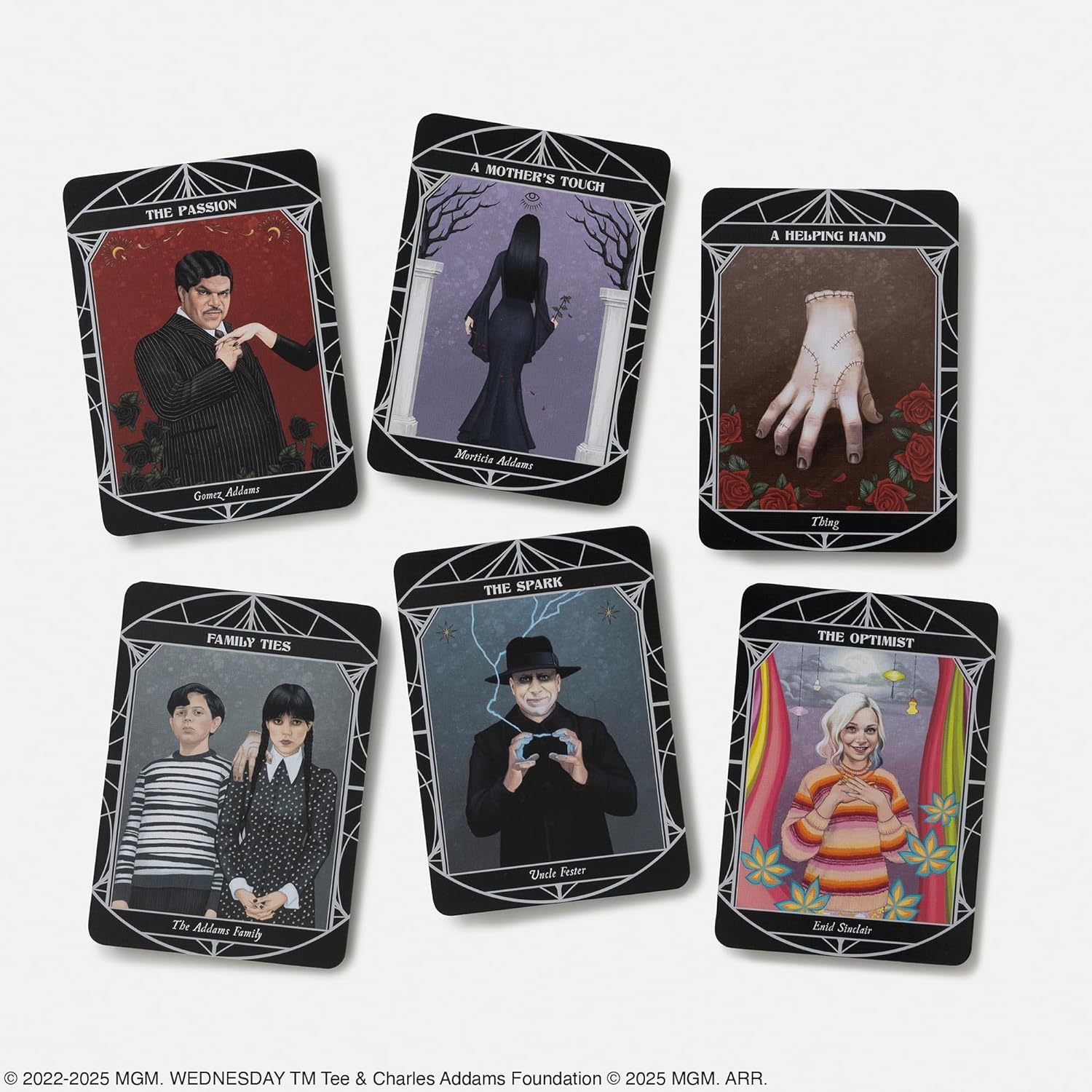 Set of tarot cards featuring characters from a Wednesday Netflix television show on a white background.