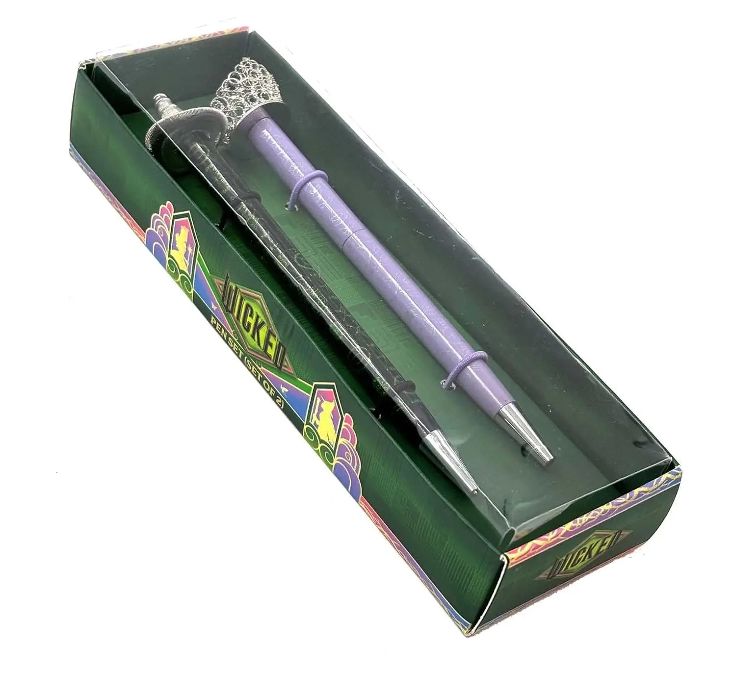 Purple pen with decorative top in a green box labeled Wicked movie official merchandise Elphaba and Glinda pens Oneness Emporium