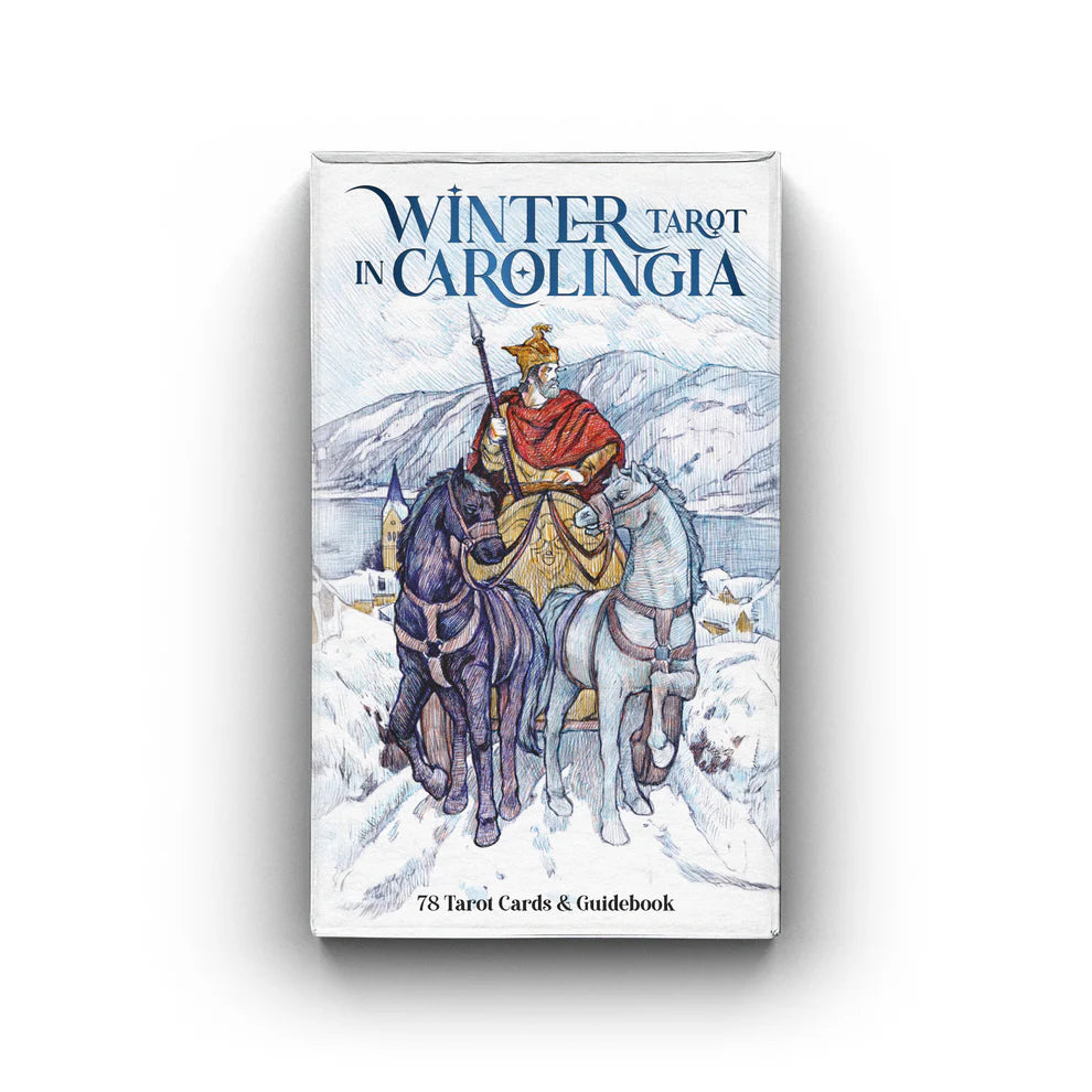 Winter Tarot in Carolingia  tarot packaging with a king on horseback illustration.
