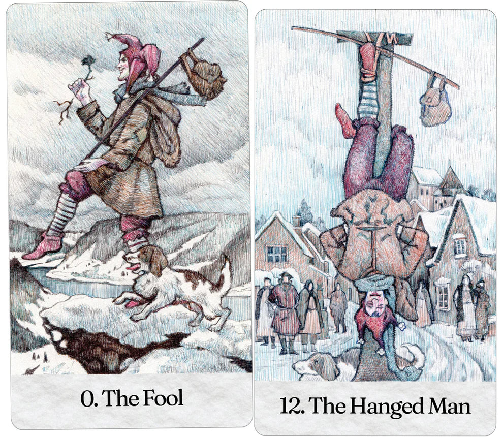 Two tarot cards titled 'The Fool' and 'The Hanged Man' with winter-themed illustrations. Winter in Caroligina