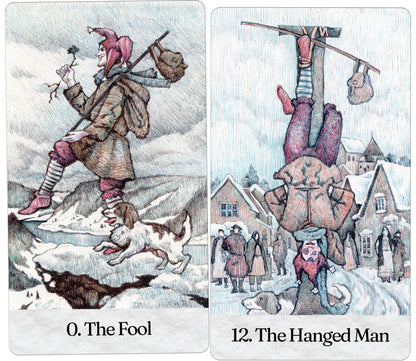 Two tarot cards titled 'The Fool' and 'The Hanged Man' with winter-themed illustrations. Winter in Caroligina