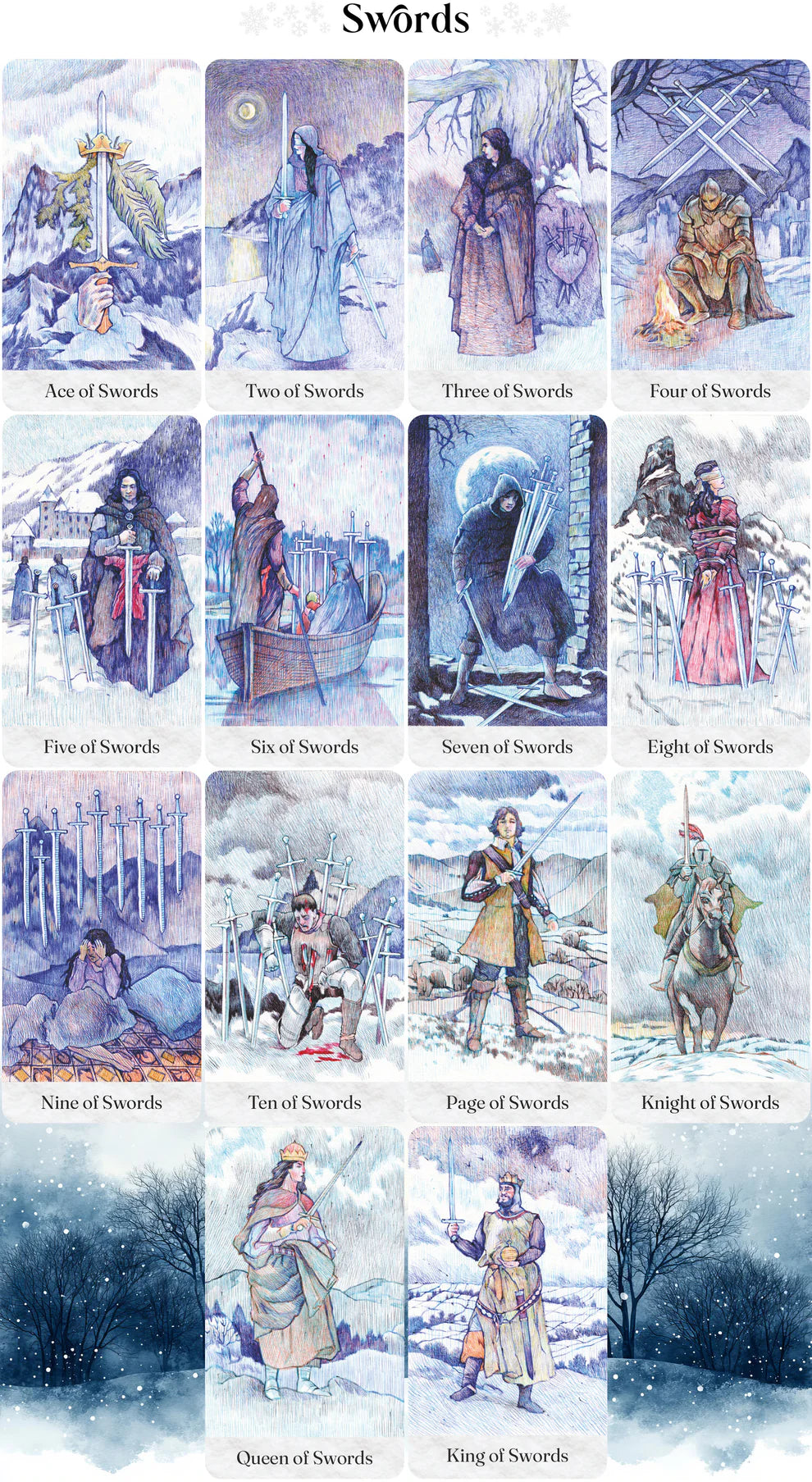 Set of tarot cards titled 'Swords' with various illustrations in a snowy landscape. Tarot cards Winter in Carolingia Pentagram Studios Oneness Emporium Swords suit 