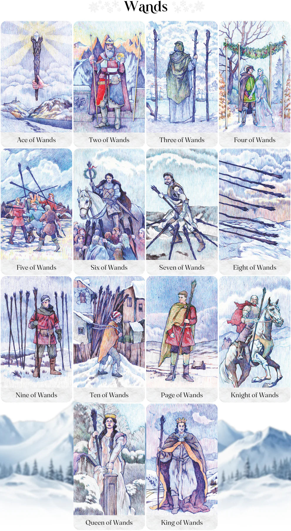 Set of tarot cards titled 'Wands' with illustrated figures in a snowy landscape. Tarot cards Winter in Carolingia Pentagram Studios Oneness Emporium Wands suit 