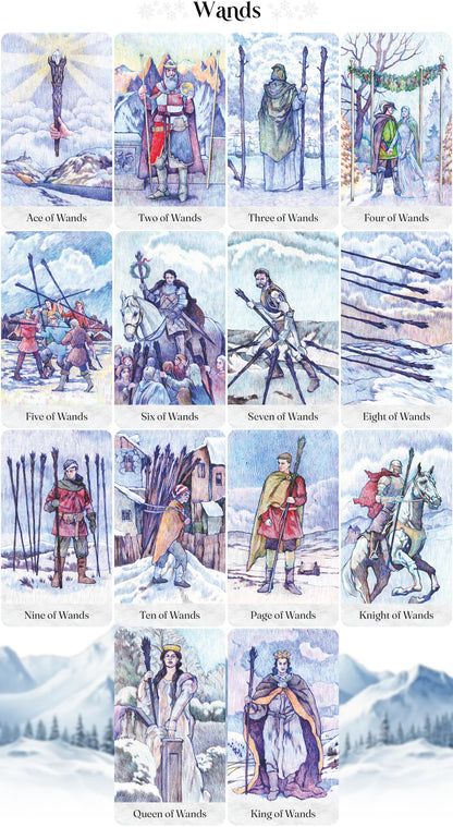 Set of tarot cards titled 'Wands' with illustrated figures in a snowy landscape. Tarot cards Winter in Carolingia Pentagram Studios Oneness Emporium Wands suit 
