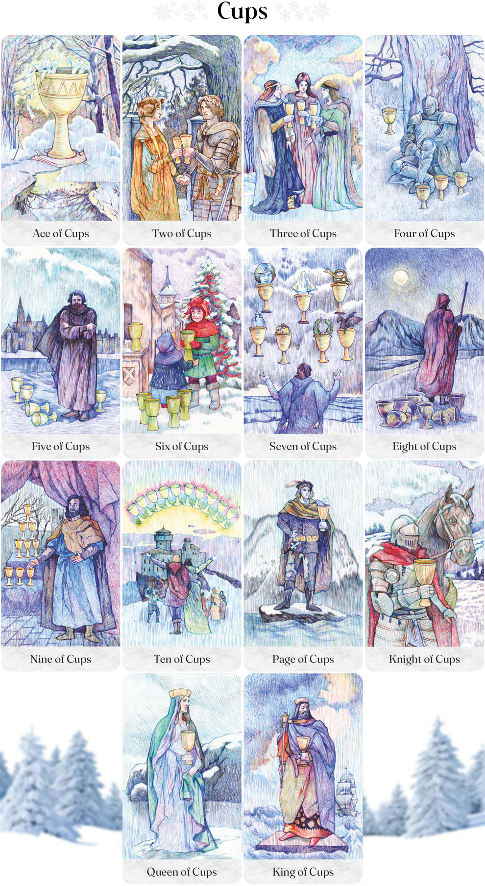 Set of tarot cards titled 'Cups' with various illustrations of people and objects.Tarot cards Winter in Carolingia Pentagram Studios Oneness Emporium Cups suit 