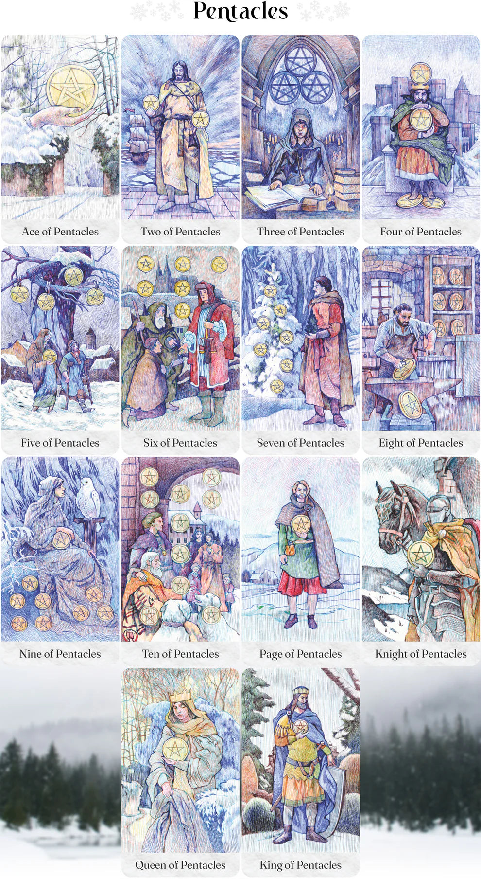 Tarot cards Winter in Carolingia Pentagram Studios Oneness Emporium Pentacles suit 