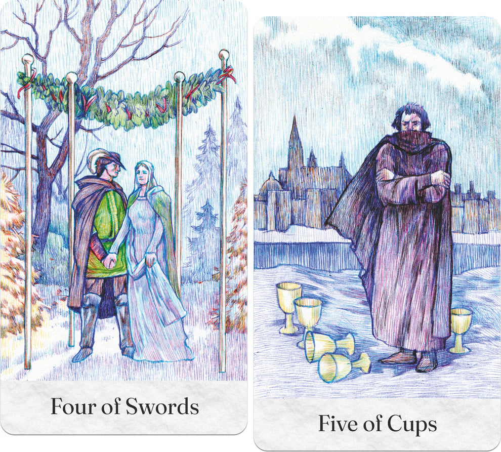 Two tarot cards titled 'Four of Swords' and 'Five of Cups' with winter-themed illustrations.
