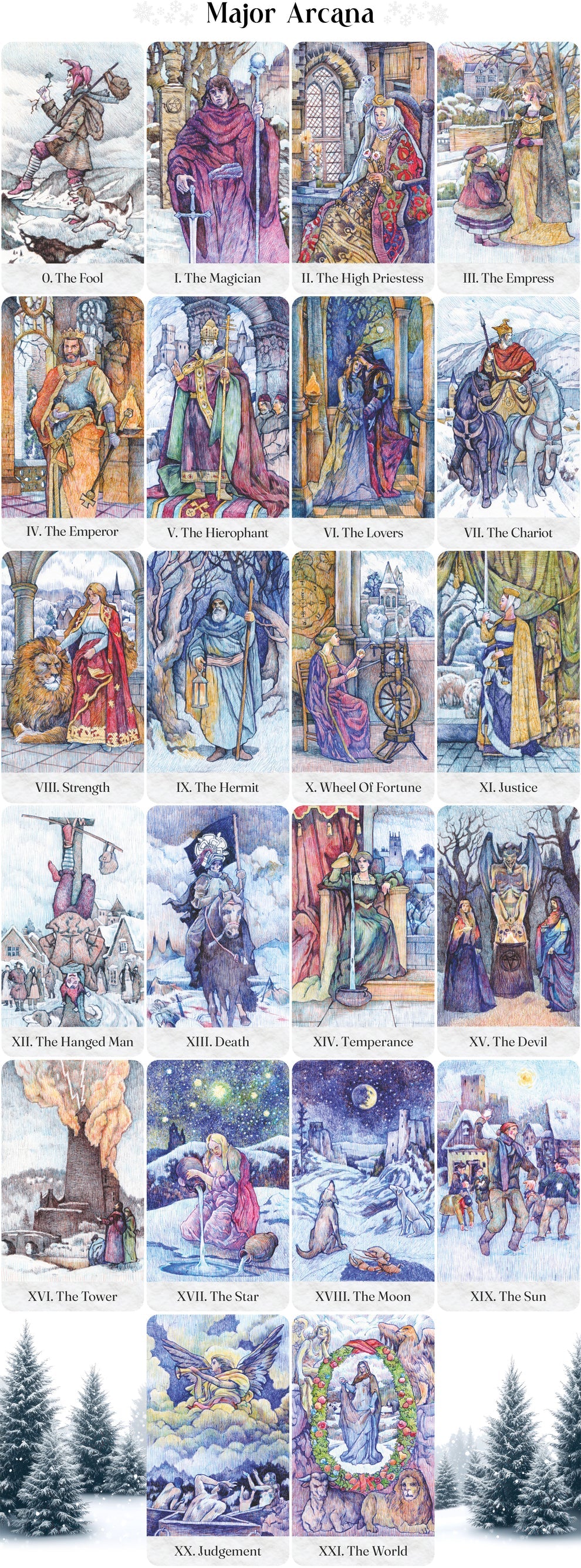 Major Arcana tarot cards with illustrations of various figures and scenes.