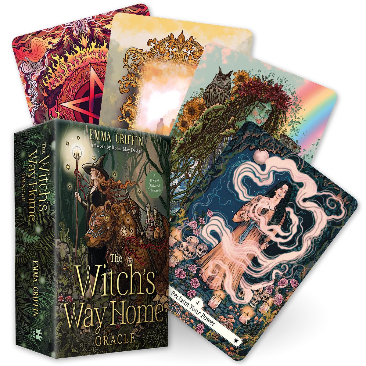 Oracle cards with colorful designs and a book titled 'The Witch's Way Home' on a white background