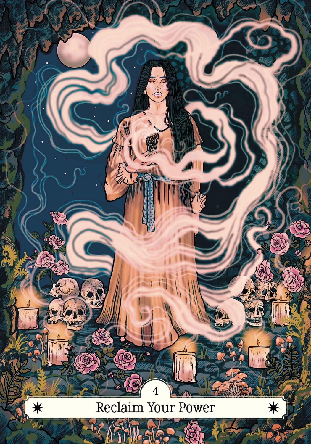Artistic depiction of a woman with energy flowing around her, surrounded by candles, skulls, and flowers with 'Reclaim Your Power' text at the bottom.