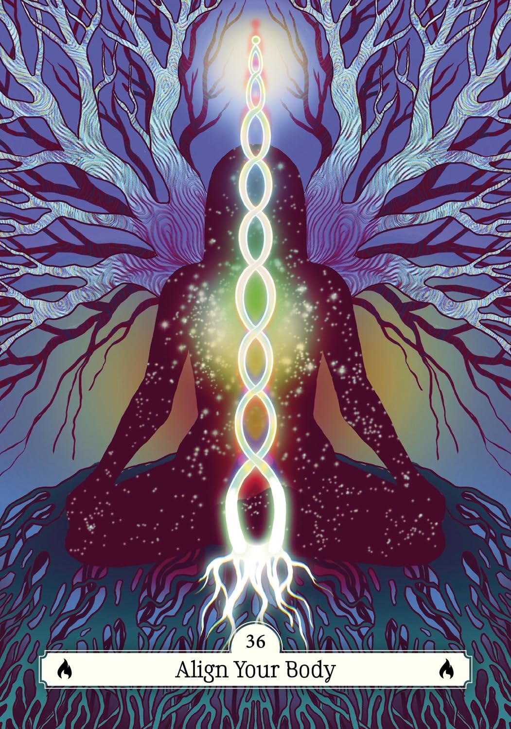 Meditation card with a silhouette of a person sitting cross-legged, surrounded by a tree-like design, with a glowing energy field and text 'Align Your Body'.