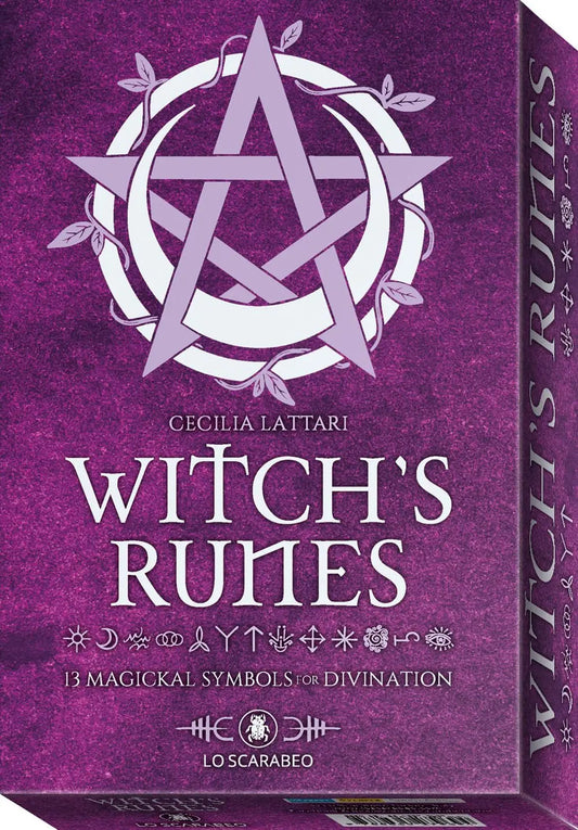 Purple box of 'Witch's Runes' with magickal symbols and branding. Oneness Emporium