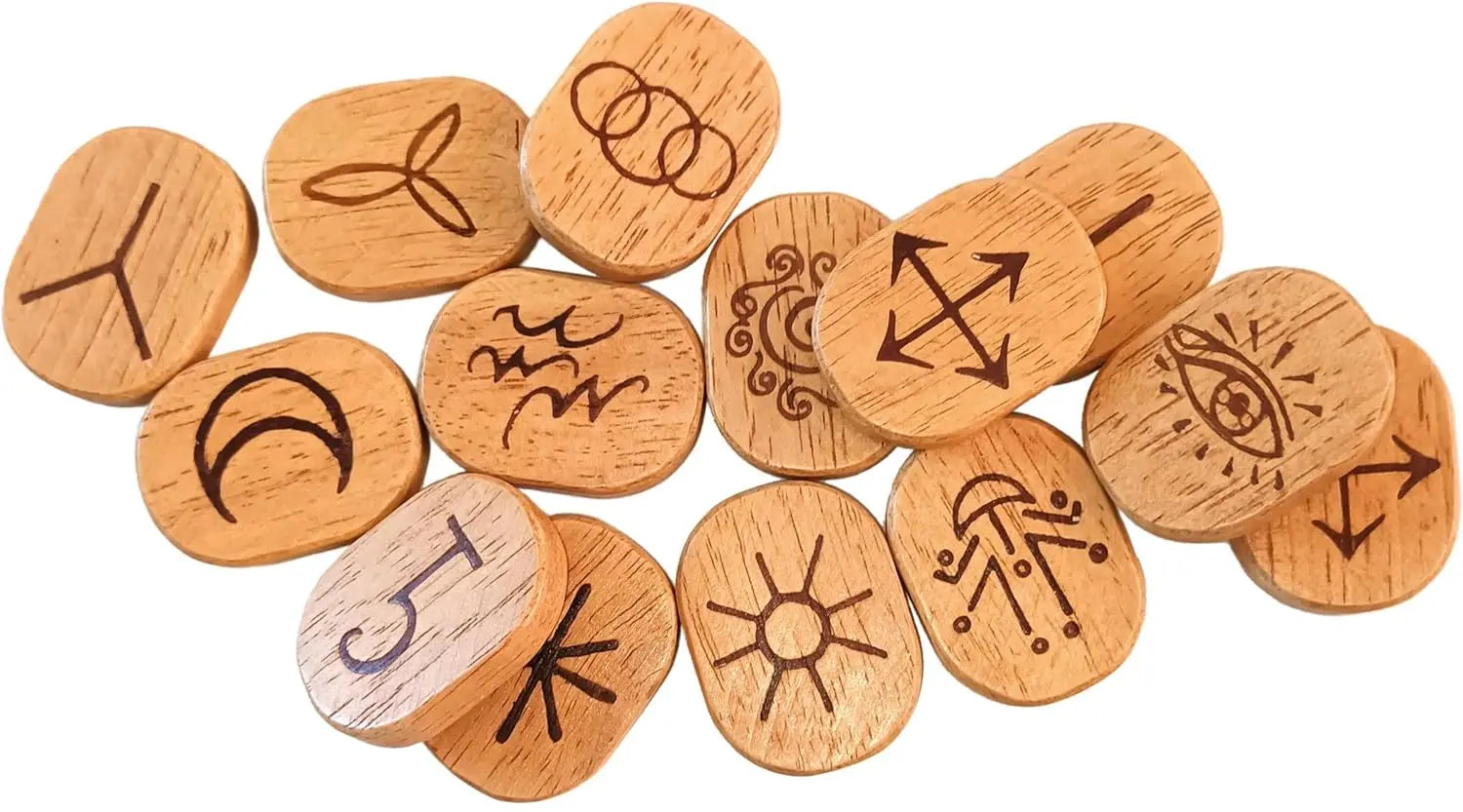 Set of wooden witch's Runes with engraved symbols on a white background. Lo scarabeo Oneness Emporium