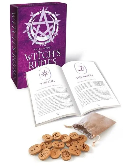 Witch's Rules book set with wooden runes and a purple box on a white background. LO Scarabeo Oneness Emporium