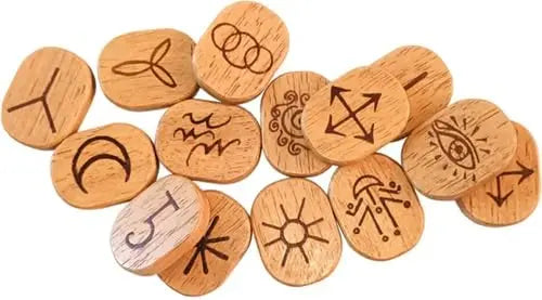 Set of wooden witch's Runes with engraved symbols on a white background. Lo scarabeo Oneness Emporium