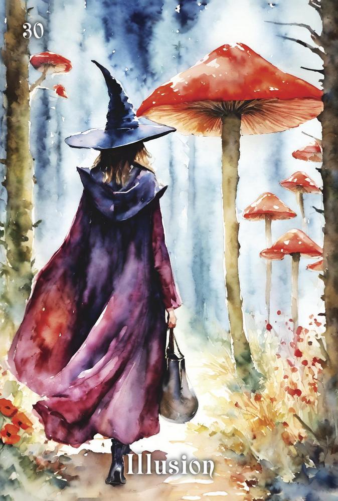 Watercolor painting of a witch in a forest with red mushrooms