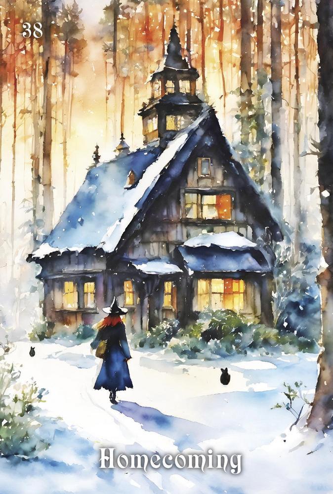 Winter scene with a snowy cabin and person walking towards it, titled 'Homecoming'.