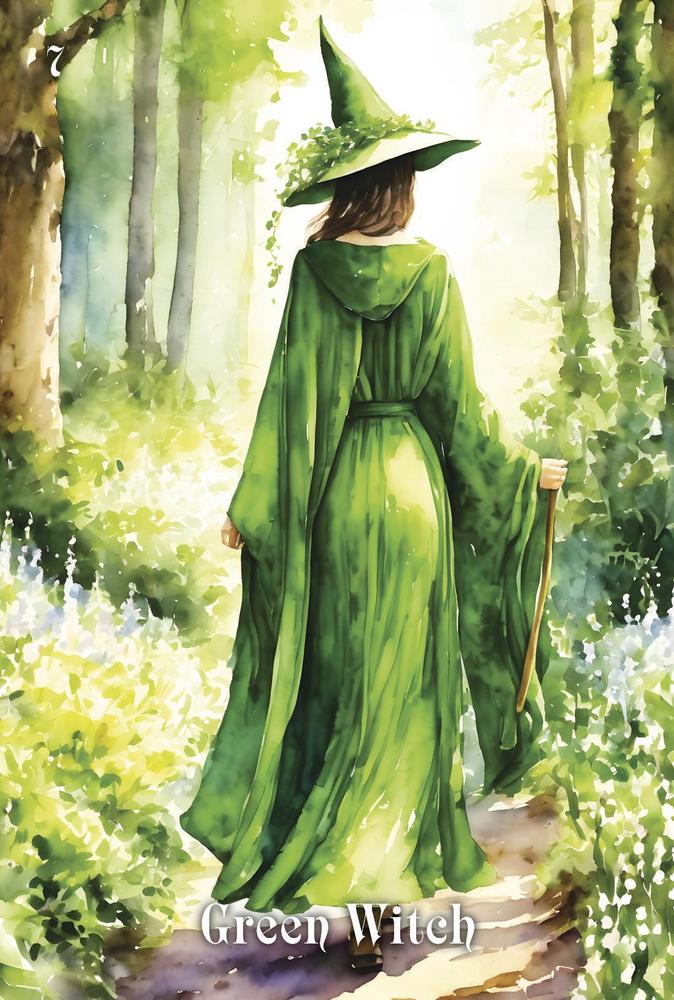 Green witch in a forest with 'Green Witch' text