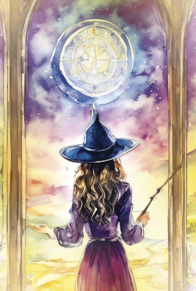 Woman in a witch's hat with a broomstick, standing in front of a large circular window with a compass design.