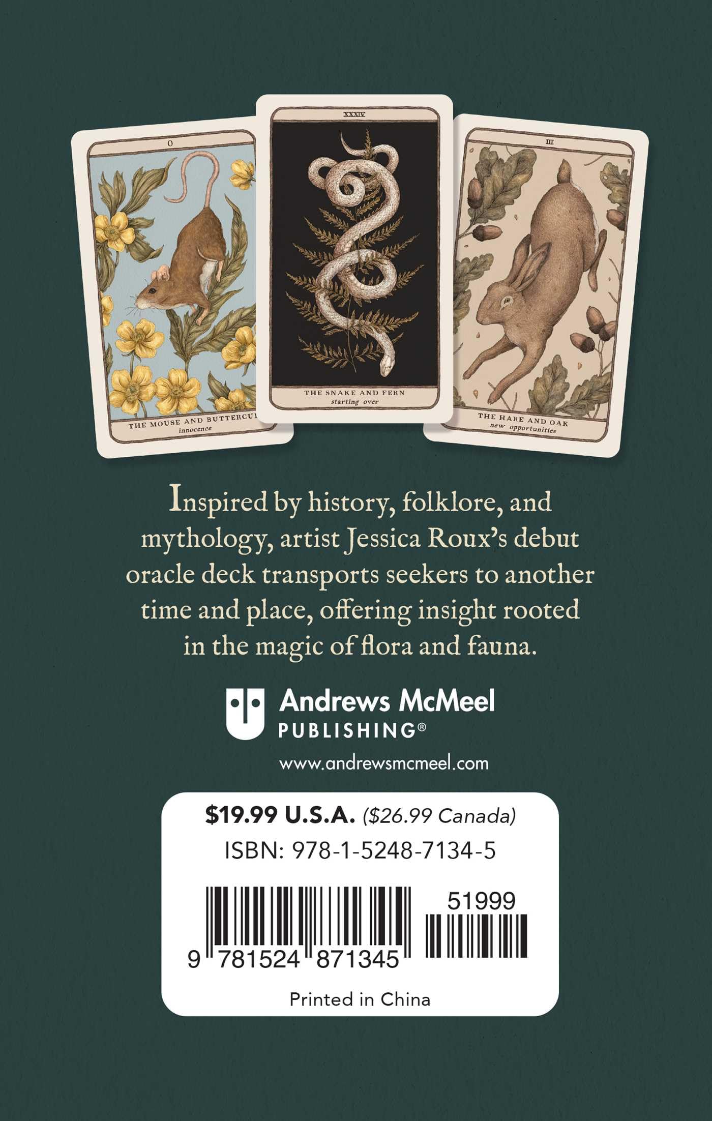 Back cover of the box for the woodland wardens oracle cards . Showcasing 3 cards from the deck, the publisher Ansrews Mcneel and a brief description of the deck 